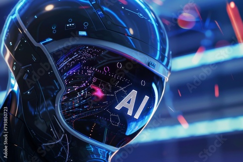 Close-up of an AI helmet's visor reveals an intricate digital projection, highlighting virtual interfaces