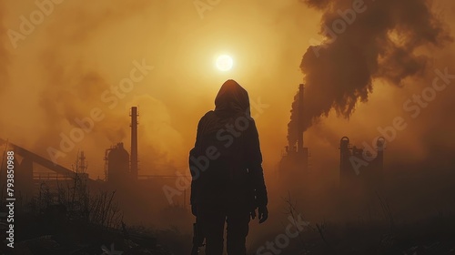 A lone wanderer stands in a post-apocalyptic landscape.