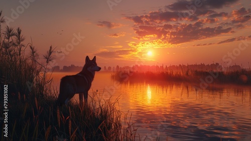 A lone wolf stands on the shore of a lake at sunset.