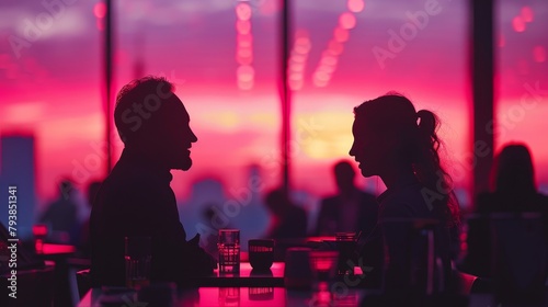 A man and a woman are talking in a bar.
