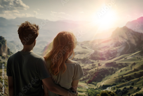 Vue de dos d'un couple de jeunes amoureux en voyage qui regarde un magnifique panorama de montagne