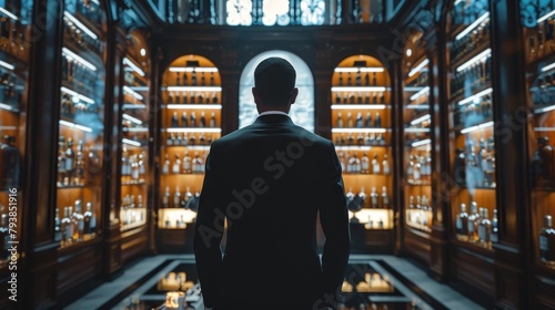 A man in a suit standing in a dimly lit room full of shelves of expensive liquor.