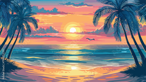 Beautiful tropical beach scene with sun and palm vector