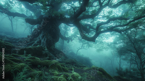 Mystical ancient tree spirit in a foggy forest landscape