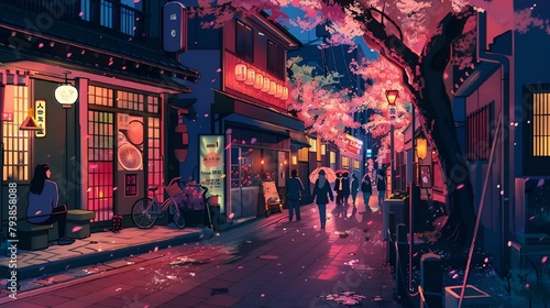 AI generated illustration of a vibrant city street scene at night with people walking