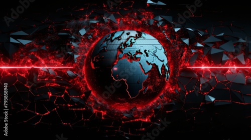 A data breach visualized as a crack spreading across a digital globe, alarming red highlights