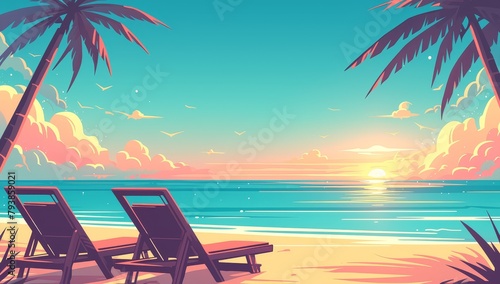 Tropical beach at sunset with palm trees and lounge chairs