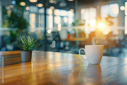 An inviting scene with a focused coffee mug and a green plant set on a wooden table in a softly lit workspace, suggesting a break time