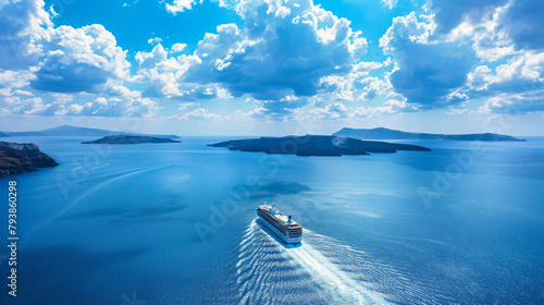 Ferry arrives at the port of Santorini Island Greece.