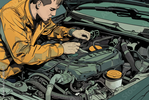 Detailed illustration of a mechanic tuning a car engine, displaying skill and focus
