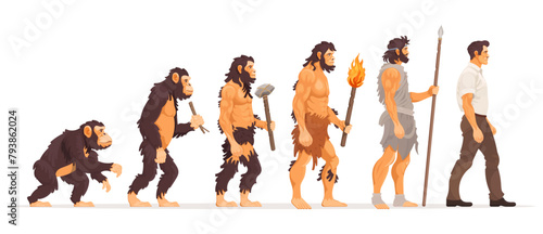 Human evolution. Development from ape to modern man concept. Growth process with monkey, walking upright primate, caveman to businessman. History mankind progress stages. Vector illustration. 