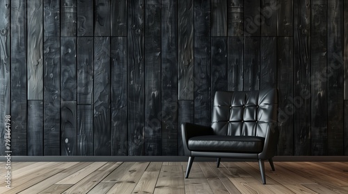 Black armchair behind wooden black wall