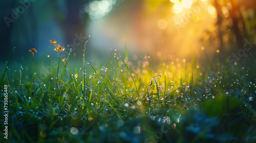 Fresh green grass with morning dew in a summer forest