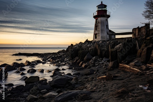 An Abandoned Lighthouse on a Rocky Shoreline, Weathered by Time and Elements, Standing as a Silent Sentinel in the Fading Twilight