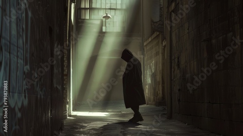 Elusive Figure in Trench Coat Passing through Deserted Alley with Hidden Secrets Vintage Photograph.