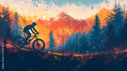 Silhouetted mountain biker riding through a vibrant, forested landscape during a beautiful sunset. Digital art style, illustration painting.