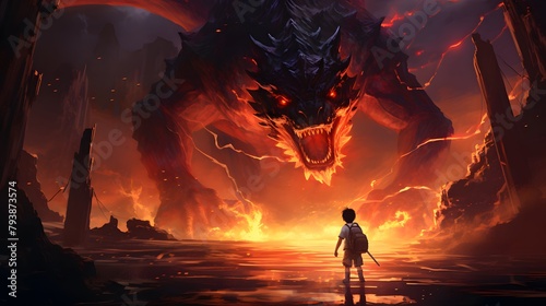 A solitary figure stands defiant in the face of an enormous lava dragon within a cavernous, volcanic landscape, Digital art style, illustration painting.