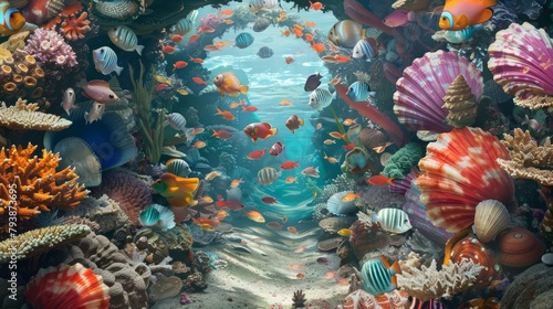 In a bustling coral reef, fish of every color darted through an archway made of vibrant seashells, celebrating the successful hatching of a new generation