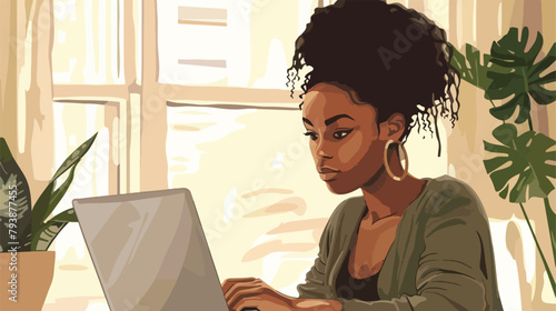 Black woman with a laptop working student or remote white