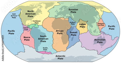Principal tectonic plates of the Earth, world map. The sixteen major pieces of crust and uppermost mantle of the Earth, called the lithosphere, and consisting of oceanic and continental crust. Vector