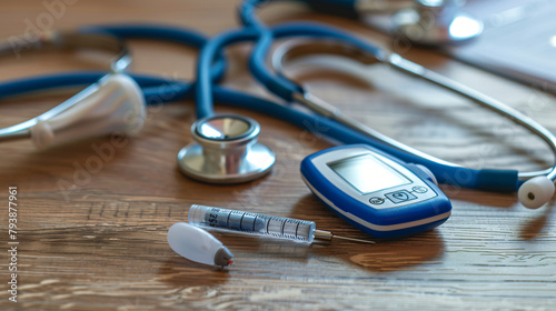 Glucose meter with lancet and stethoscope on wooden table
