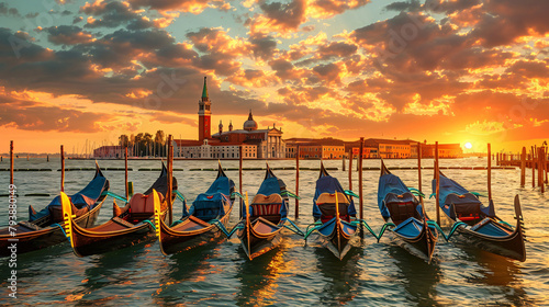 Gondolas on the Grand canal at sunset in Venice Italy.