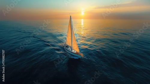 Aerial high view of solitary sailboat on the sea, brave and resolute. It sails alone in the vast ocean. Generative AI.