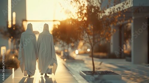 Silver City, Inhabitants in White Robes, A City of Order and Perfection, A Futuristic Metropolis Where Everything Runs Efficiently, High-Tech Environment, Realistic, Golden Hour, Depth of Field Bokeh