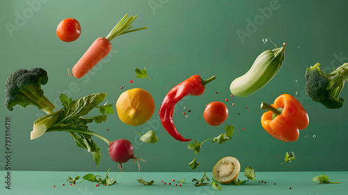 Photorealistic vegetable symphony, vibrant produce mid-flight, monotonous green backdrop, exquisite culinary photography