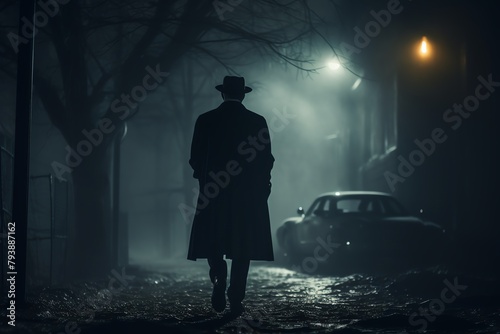 A mysterious man in a dark suit entering a foggy alleyway, vintage street lamps creating a noir atmosphere, concept of secrecy and intrigue