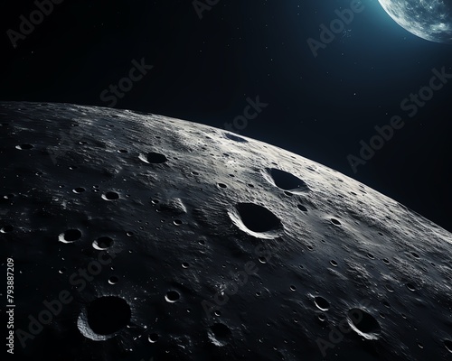 Closeup of the moons surface with visible craters and textures, highresolution astronomical photography, dark space background