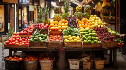 A fruit stand overflows with a colorful assortment of fresh, ripe fruits on display