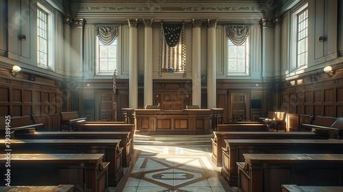Realistic courtroom, no people, overcast lighting. Generative AI.