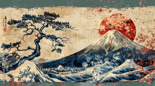 Contemporary futuristic grange collage art, japan landscape, planets mountains duo tone effect, vintage style. Ai generative