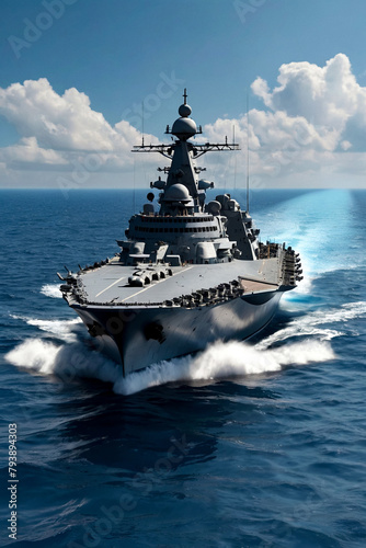 Battleship warship corvette sailing in blue open sea. Military ship floats at skyline scenery, military control of sea. Protection of water state borders. Naval forces army concept. Copy ad text space