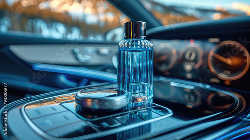 Car fragrance, luxury car interior, dark blue interior color, a bottle of car fragrance in the water cup holder in the car center console. Generative AI.