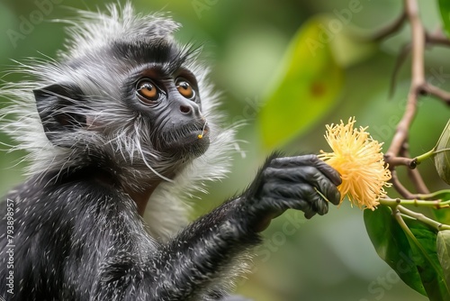 A silver leaf or silvery Lutung monkey, Trachypithecus cristatus, reaching out for a yellow flower to eat.