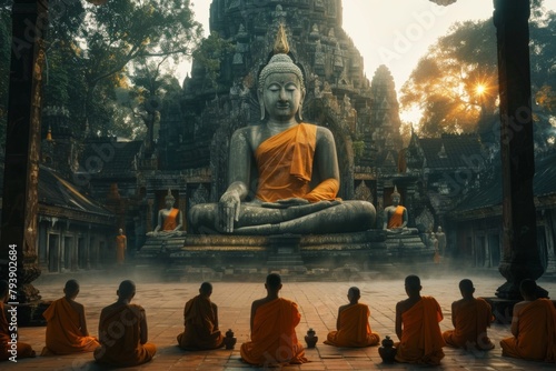 Vesak Day, monks in the temple worship the Buddha statue