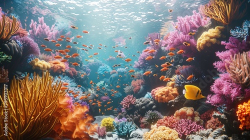 Journey to the heart of a bustling coral reef where octane render showcasing the diversity of marine life. Generative AI.