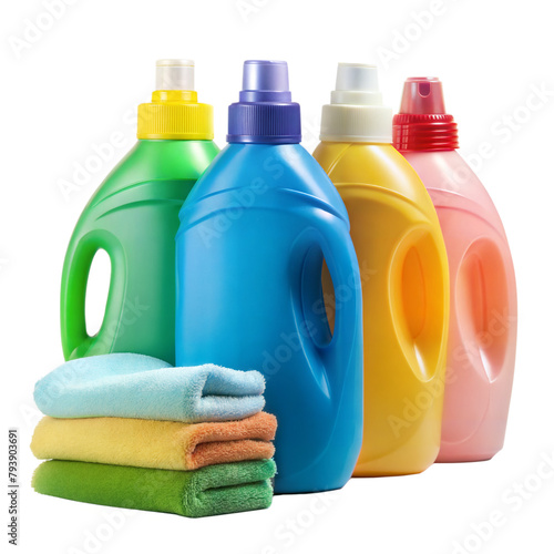 Colorful laundry detergent bottles with clean towels