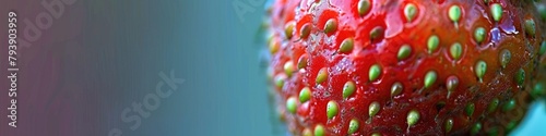A macro photograph capturing the essence of a strawberry's surface, with seeds and delicate dewdrops