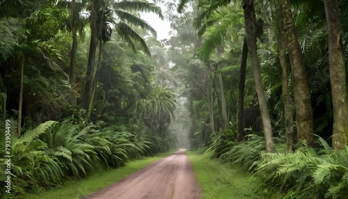 A jungle road bordered by towering palms and lush upscaled 24
