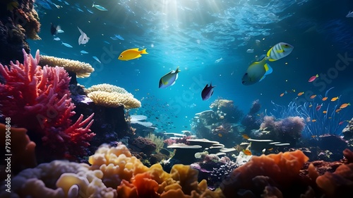 vibrant fish swimming around stunning underwater coral formations and marine life. Vibrant underwater scene, background image An incredible underwater scene full of colorful coral reefs, unusual anima