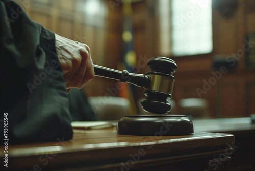 focusing on the hand of a judge firmly grasping a gavel in the courtroom, symbolizing authority and order, against a simple backdrop.