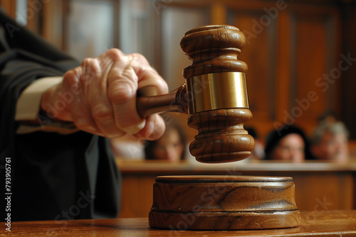 focusing on the hand of a judge firmly grasping a gavel in the courtroom, symbolizing authority and order, against a simple backdrop.