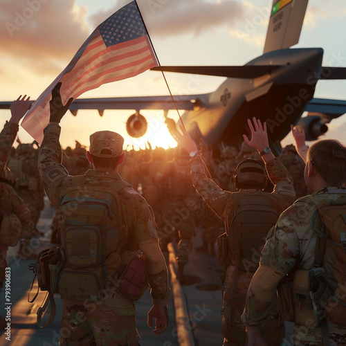 Soldiers raising their hands and waving the US flag in front of military airplane
