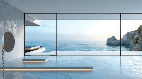 A minimalist white room with large sliding doors leading to an open space overlooking the sea, glass panels and thin black frames. The interior design features sleek lines. Generative AI.