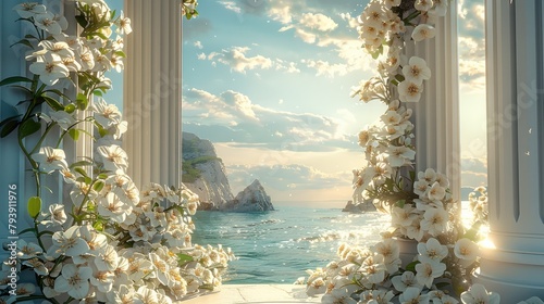 3d rendering of White Jasmine Flower in a roman temple on the beach, Simplicity. Generative AI.