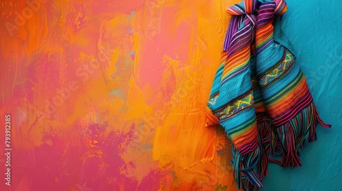 Vibrant Mexican rebozo against a colorful backdrop with room for text