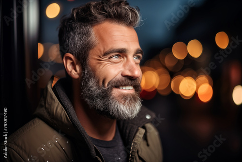 Portrait of a handsome middle-aged man in a city at night